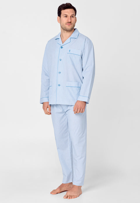 1533 - Long Striped Poplin Lapel Men's Pajama - Light Blue