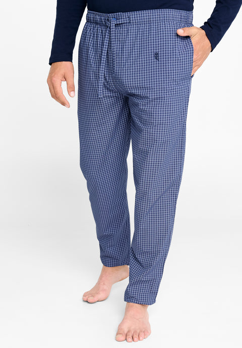 Pantalón Pijama Hombre Largo Popelín Azul Cuadritos Blanco