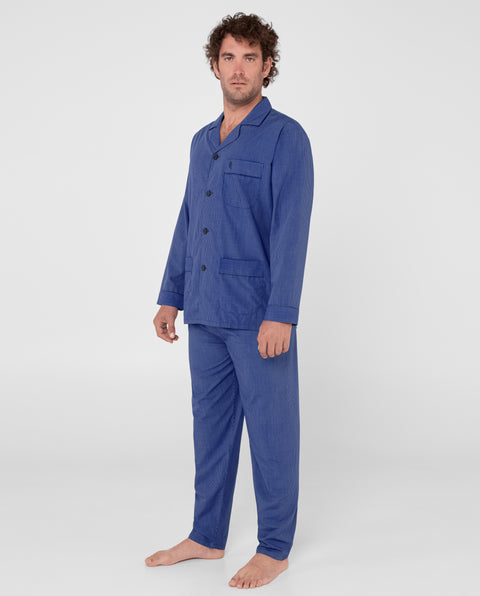 2707 - Pyjama Long Premium Homme Revers Carreaux Bambou - Bleu Roi