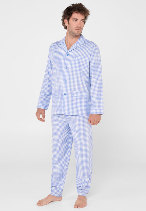 Men's Long Premium Plaid Bamboo Lapel Pajamas - Blue 2708_36