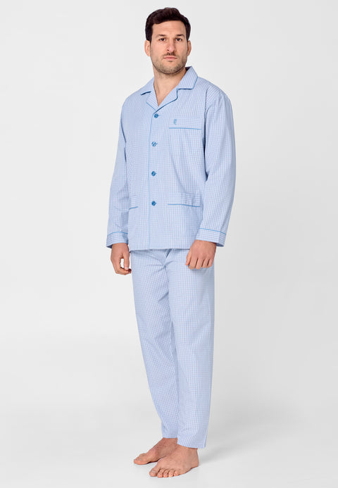 2711 - Premium Long Men's Pajamas with Checked Poplin Lapel - Light Blue