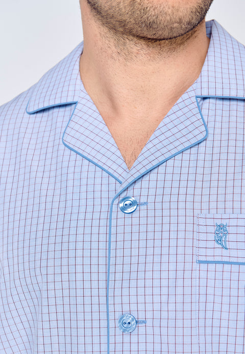 Premium Long Men's Pajamas with Plaid Poplin Flap - Blue 2711_30