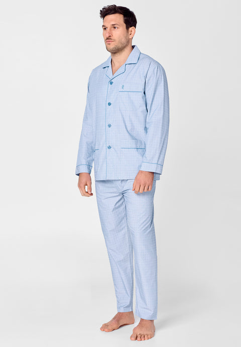 2712 - Long Premium Men's Pajamas with Printed Poplin Lapel - Blue