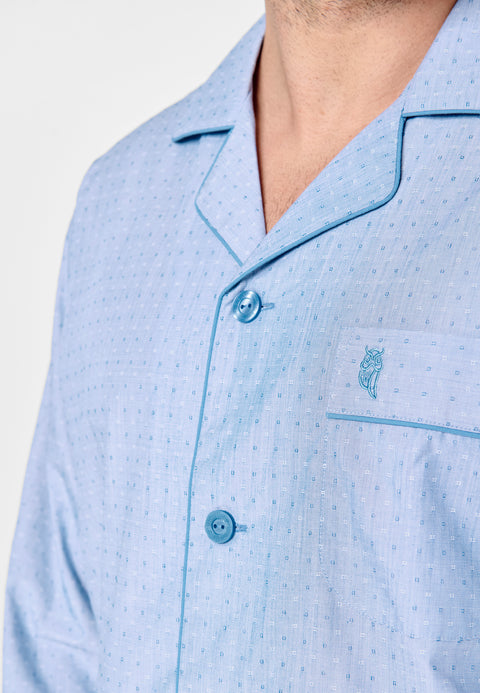Premium langer Herren-Pyjama mit bedruckter Popeline-Klappe – Blau 2712_33
