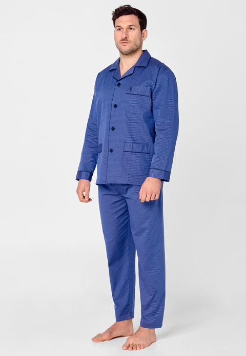 Premium Long Men's Pajamas with Printed Poplin Flap - Blue 2713_38