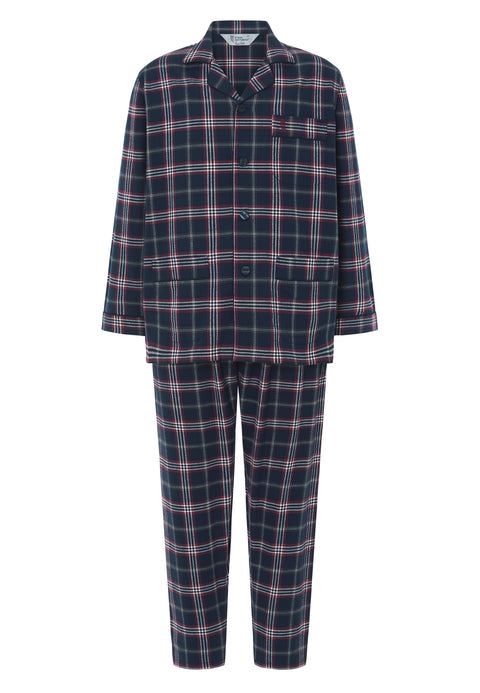 Pijama Hombre Largo Premium Tela Solapa Franela Invierno Cuadros Marino Rojos