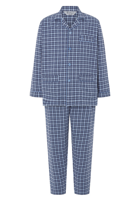 Pijama Hombre Largo Premium Tela Solapa Franela Invierno Cuadros Azul Blanco