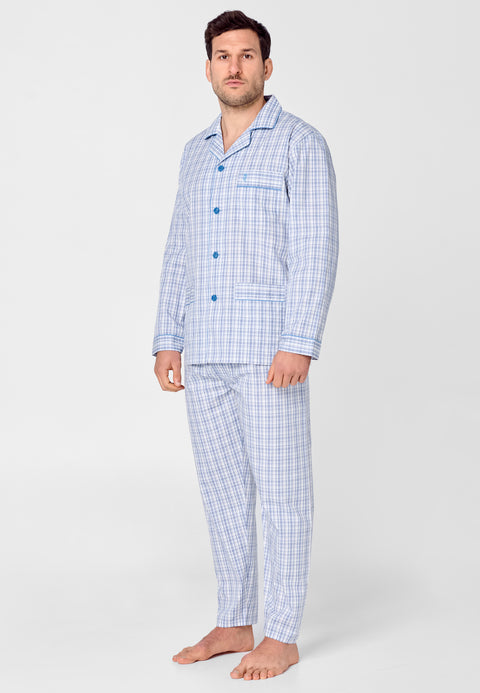 Men's Long Plaid Poplin Lapel Pajamas - Blue 2982_30