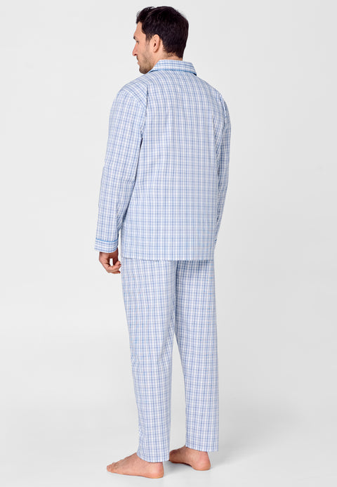 2982 - Men's Pajama Long Lapel Poplin Checks - Light Blue