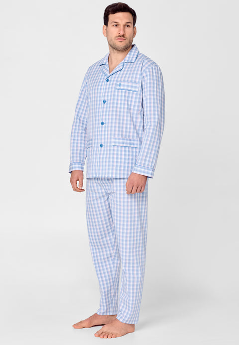 Men's Long Plaid Poplin Lapel Pajamas - Blue 2983_33
