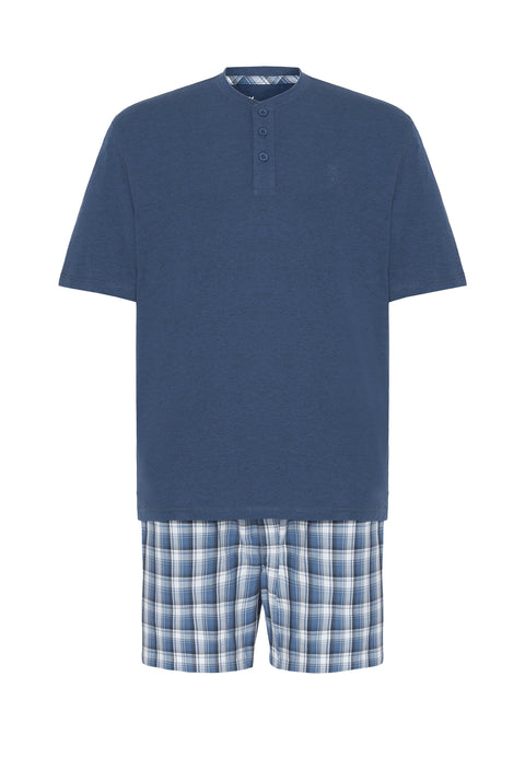Pijama Hombre Corto Tapeta Punto Liso Tela Cuadros Azul