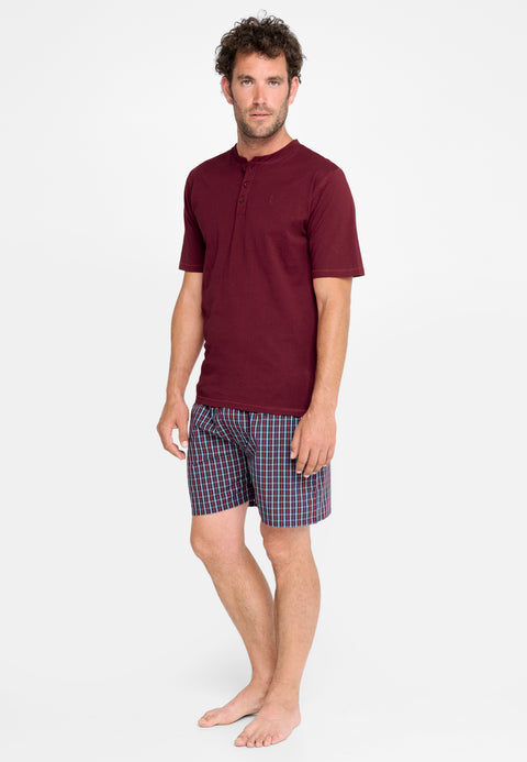 3605 - Men's Short Plaid Plaid Plain Knitted Pajamas - Garnet