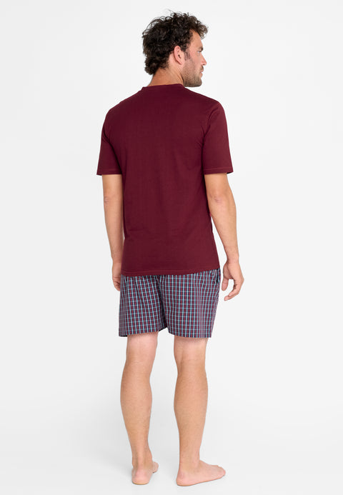 3605 - Men's Short Plaid Plaid Plain Knitted Pajamas - Garnet