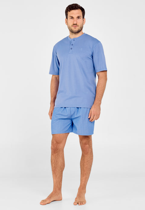 Short Men's Pajamas with Plain Knit Placket Printed Fabric - Blue 3606_37