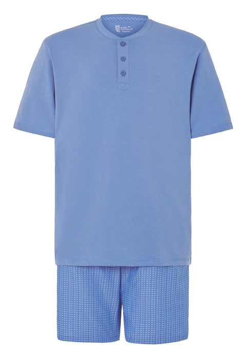 Pijama Hombre Corto Verano Punto Cuello Tapeta Punto Liso Tela Estampado Azul