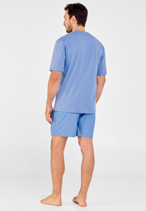 Short Men's Pajamas with Plain Knit Placket Printed Fabric - Blue 3606_37