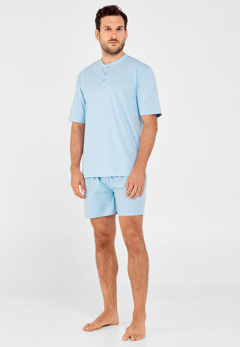 3607 - Pyjama Court Homme Tissu Maille Uni Imprimé Uni Bleu Clair