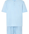 Mens Pajamas Short Summer Placket Cotton Knit Plain Woven Print - Blue 3607_30 - Size 6 (XXL) / Blue / 100% cotton