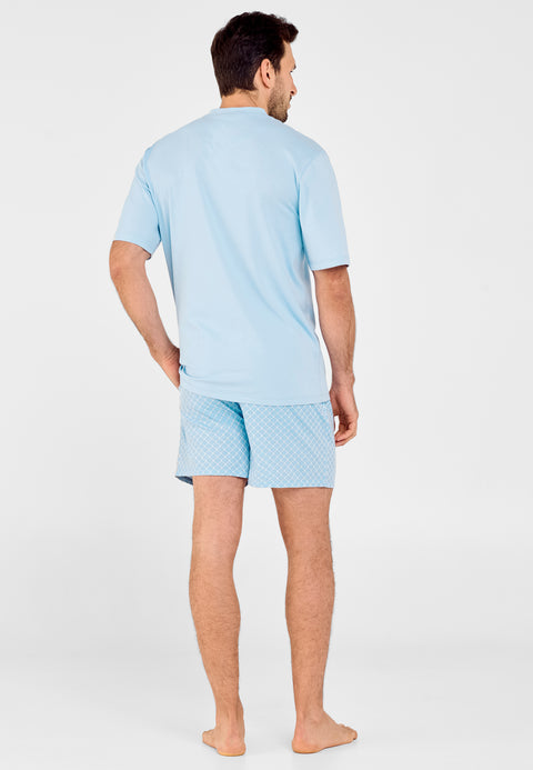 Short Men's Pajamas with Plain Knit Placket Printed Fabric - Blue 3607_30