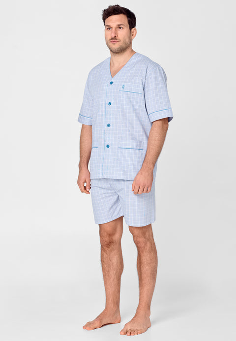 4528 - Pyjama court homme judo popeline carreaux bleu clair