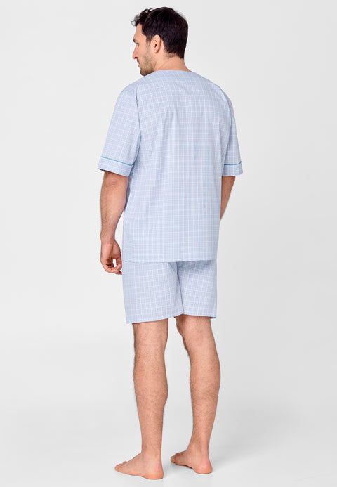 4528 - Men's Pajama Short Judo Poplin Checks - Light Blue