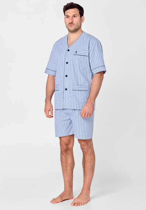 Kurzer Judo-Popeline-Karo-Pyjama für Herren – Blau 4532_38