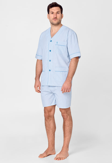 4533 - Men's Pajama Short Judo Poplin Checks - Light Blue