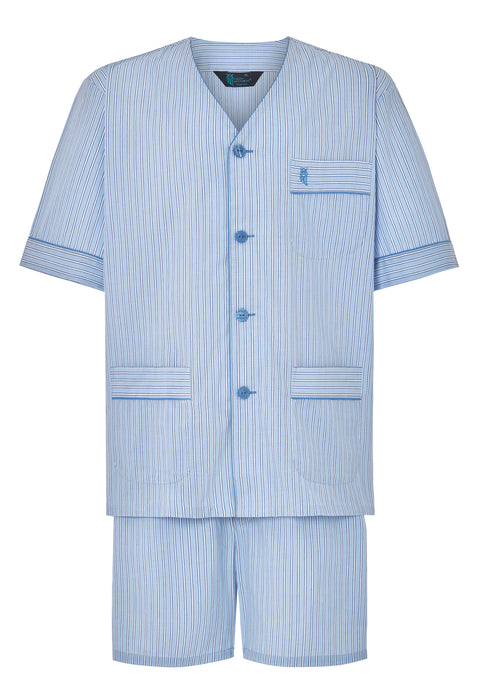 Pijama Hombre Corto Verano Tela Cuello Judo Popelín Celeste rayas blancas60% algodón 40% poliéster