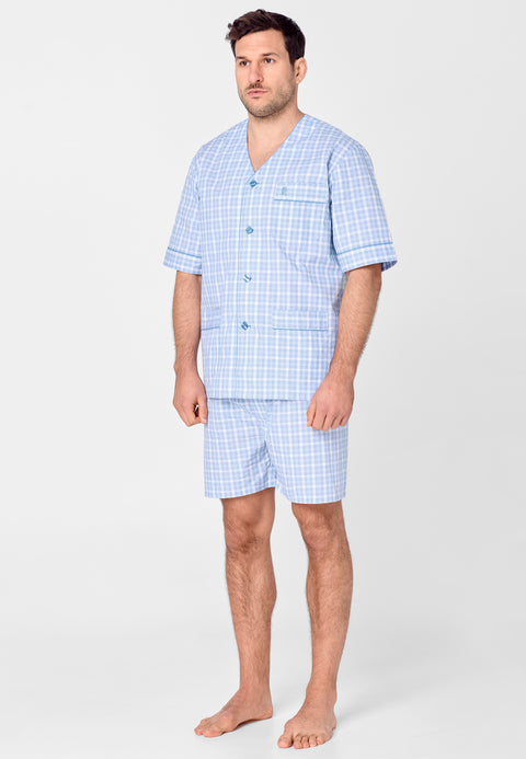 4740 - Pyjama Short Homme Premium Judo Popeline Carreaux Bleu Clair