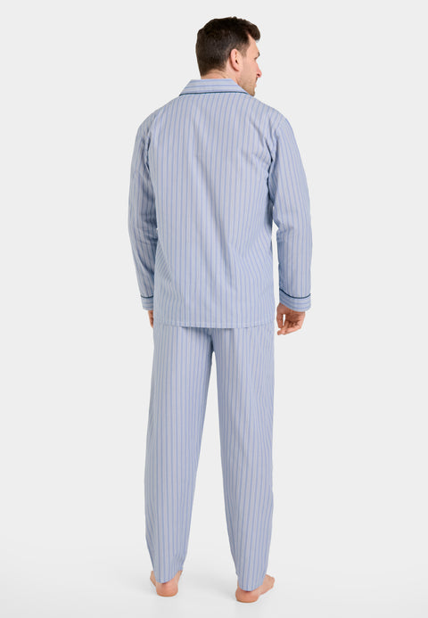 Pijama Hombre Largo Solapa Tela Popelín Rayas Grises Y Azules