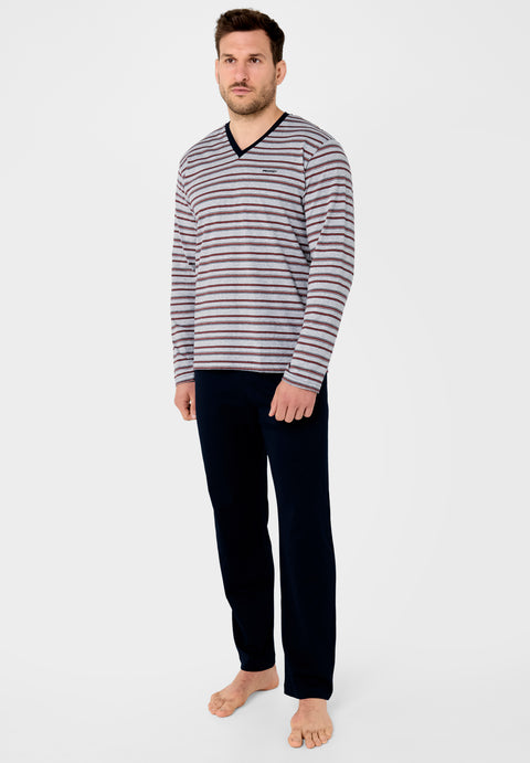 532 - PRODIGY - Men's Long Premium V-Neck Striped Pajamas - Gray