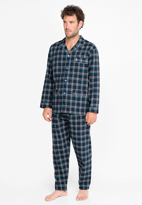 Pijama Hombre Largo Premium Tela Solapa Franela Invierno Cuadros Azul Naranja