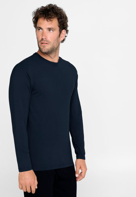 Langärmeliges, schlichtes, rundgestricktes Pyjama-Hemd für Herren – Blau 7601_36