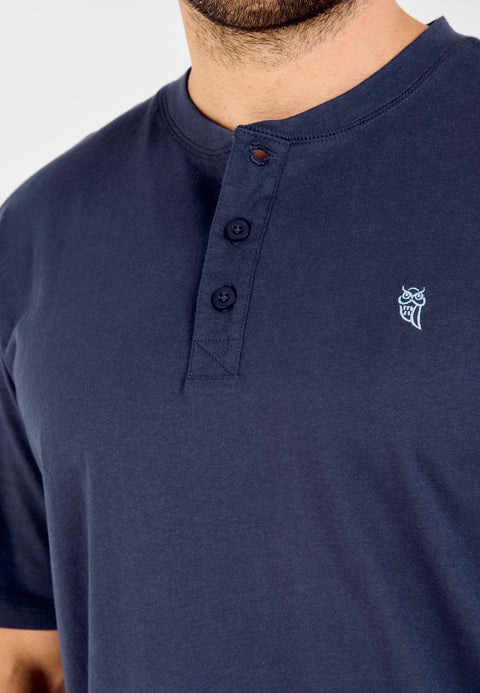 7626 - Plain Plain Placket Knitted Short Sleeve T-Shirt - Navy