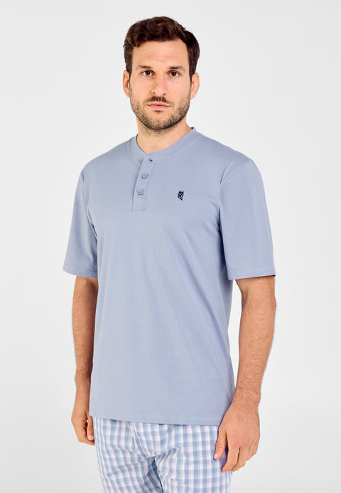 7627 - Plain Plain Plain Placket Short Sleeve T-Shirt - Light Blue