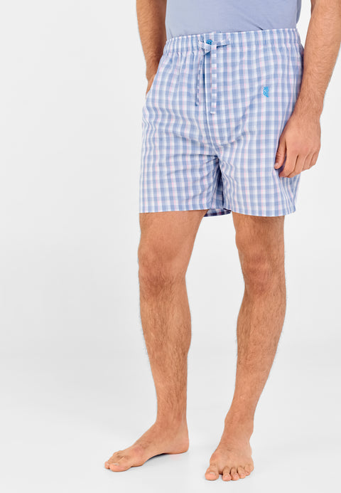 Men's Short Pajama Pants in Checked Poplin - Blue 8505_33