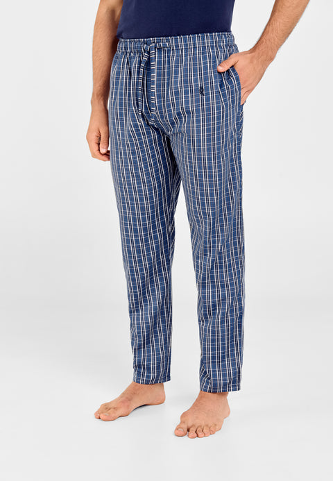 Men's Long Checked Poplin Pajama Pants - Blue 8982_38