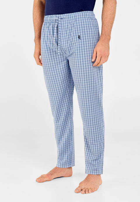 Men's Long Checked Poplin Pajama Pants - Blue 8983_36