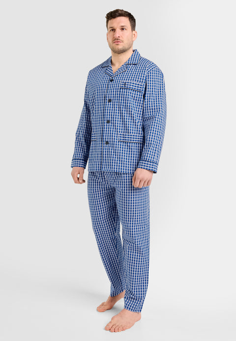 Pijama Hombre Largo Solapa Tela Popelín Cuadros Azul Oscuro