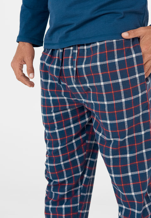 Pantalón Pijama Hombre Largo Franela Invierno Cuadros Marino