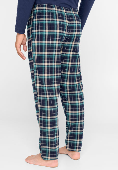 Pantalón Pijama Hombre Largo Franela Cuadros Turquesa Marino
