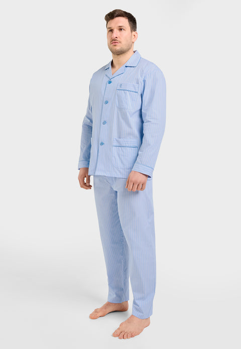 Pijama Hombre Largo Solapa Tela Popelín Rayas Azules