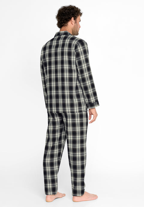 Pijama Hombre Largo Premium Tela Solapa Franela Invierno Gris Oscuro Cuadros