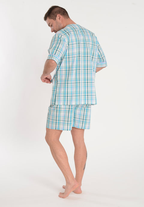   Pijama Hombre Verano Corto Judo Algodón Popelín Cuadros - Azul 4011_40 - 52152665 - https://www.elbuhonocturno.com/  