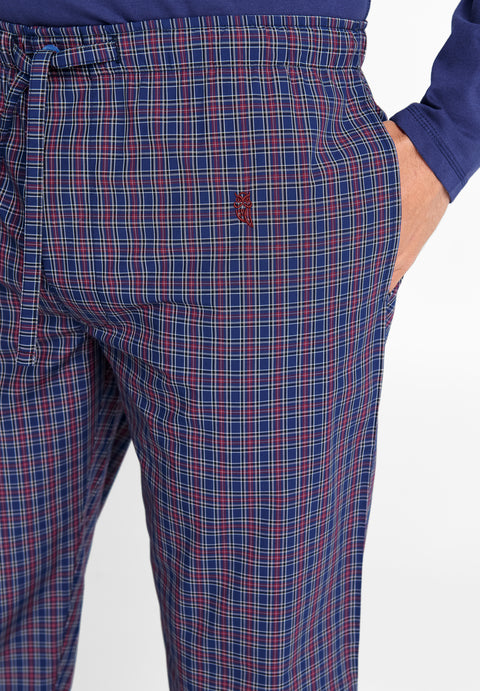 Pantalón Pijama Hombre Largo Popelín Azul Cuadros Rojo