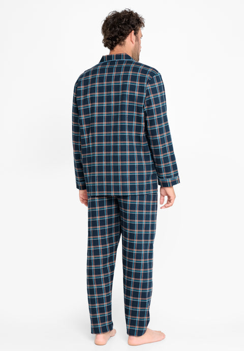 Pijama Hombre Largo Premium Tela Solapa Franela Invierno Cuadros Azul Naranja