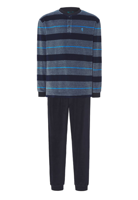 Pijama Hombre Largo Tapeta Terciopelo Invierno Rayas Azul Oscuro