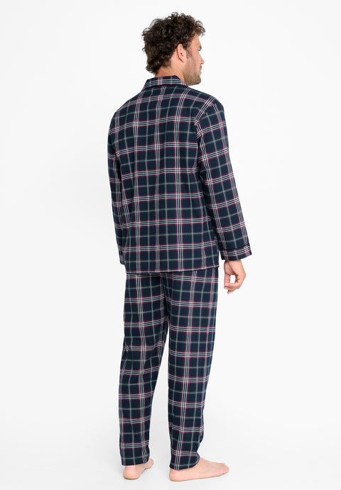 Pijama Hombre Largo Premium Tela Solapa Franela Invierno Cuadros Marino Rojos
