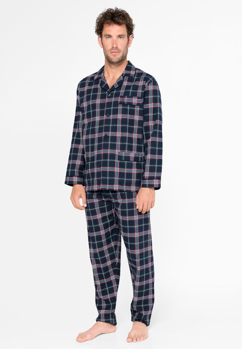 Pijama Hombre Largo Premium Tela Solapa Franela Invierno Cuadros Marino Rojos