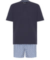 Mens Pajamas Short Summer Placket Cotton Knit Plain Woven Checkered - Blue 3604_39 - Size 6 (XXL) / Blue / 90% cotton 10% viscose